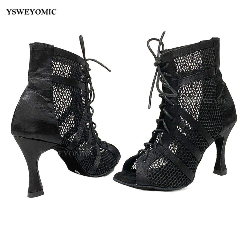 Open Front Dance Booties Satin Latin Dance Shoes Suit for narrow Foot Salsa Ballroom Dance Shoes 2022 Black Social Dance Shoes