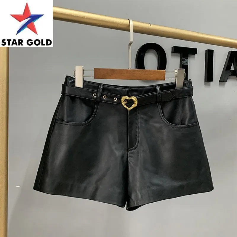 Genuine Casual Sashes Leather Women Black Straight Sheepskin A-Line Autumn Winter Office Lady Wide Leg Shorts