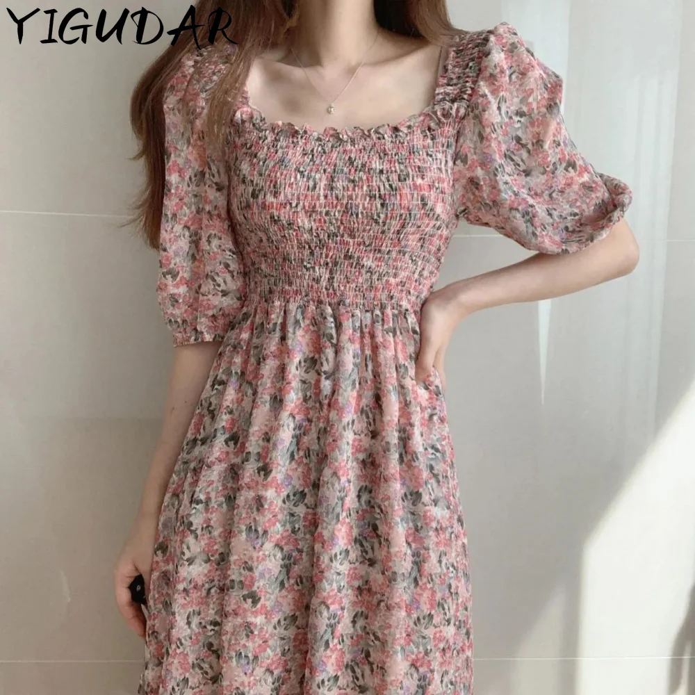 

2023 Floral Chiffon Dress Women Sweet Puff Sleeve Empire Vintage Fairy Slim Square Collar Vestido Pink Temperament Elegant Chic
