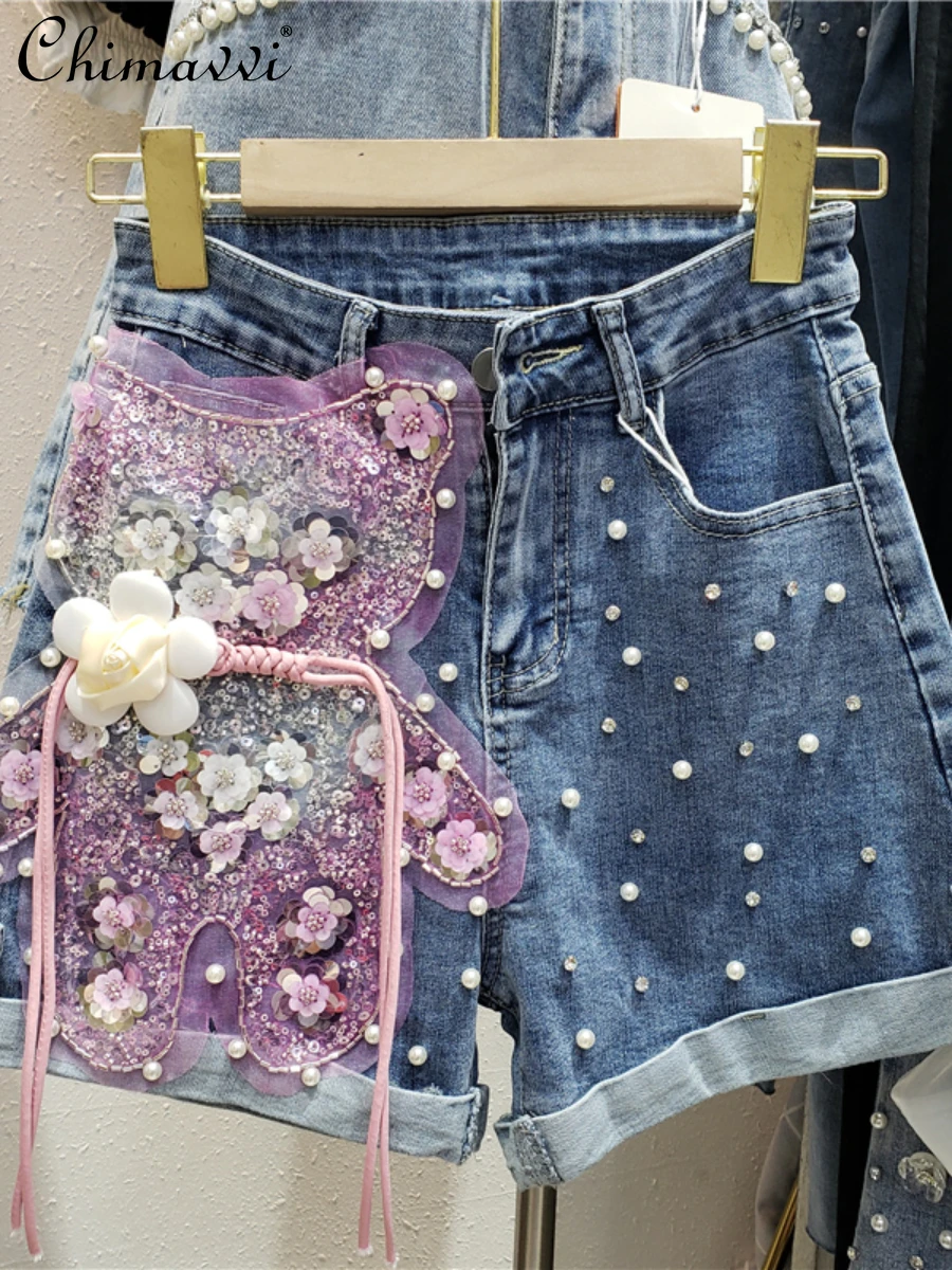 

Summer 2022 Korean Fashion Beads High Waist Denim Wide Leg Shorts Women Streetwear Loose Elegant A- Line Outerwear Hot Pants