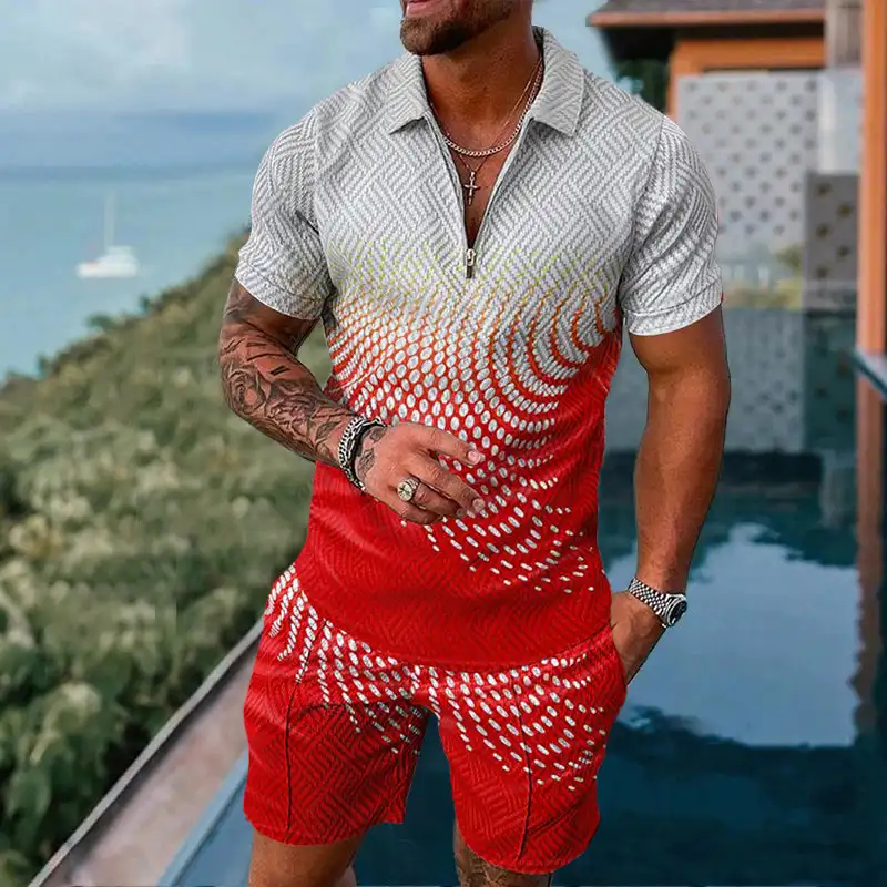 Men's Summer Tracksuit Fashion Turn Down Collar Zipper Polo Shirt+Shorts Sports Jogging Suit Casual Stylish Sweatersuit Set