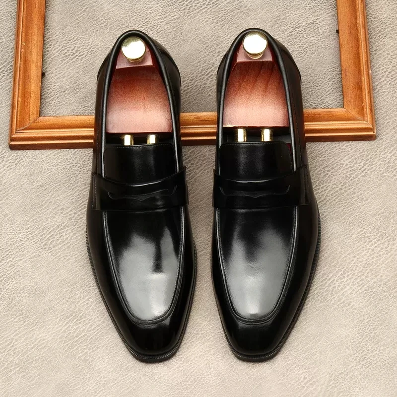 

Luxury Men Italian Dress Shoes Genuine Leather Office Casual Oxford Elegant Wedding Square Head Black Formal Loafers Shoes Men
