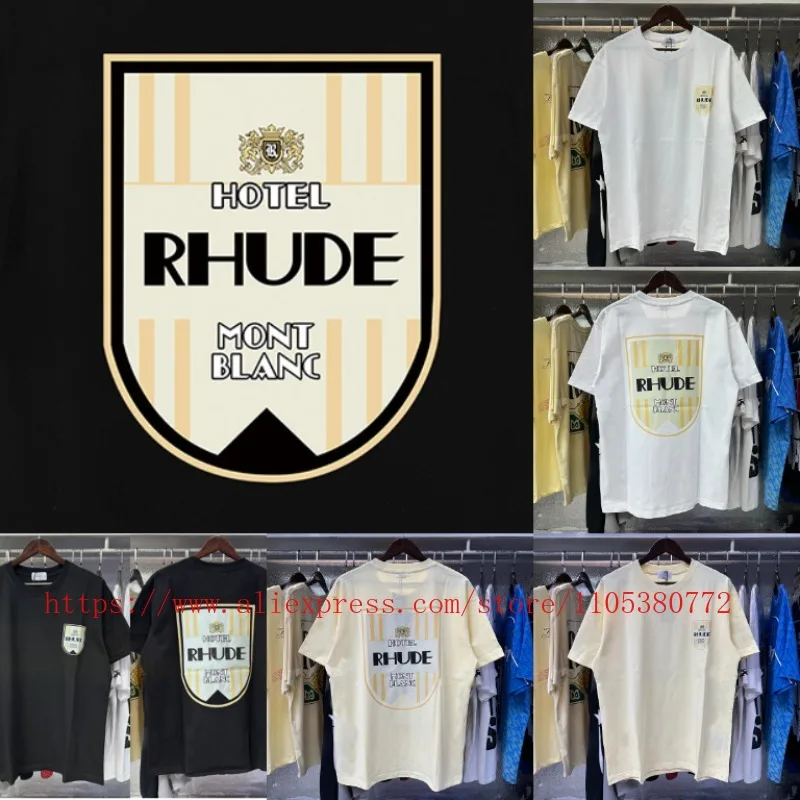 Фото Новинка 2026 года: Мужская футболка RHUDE с принтом логотипа и надписями, черная, хлопковая, с коротким рукавом, в уличном стиле, быстрая доставка №1