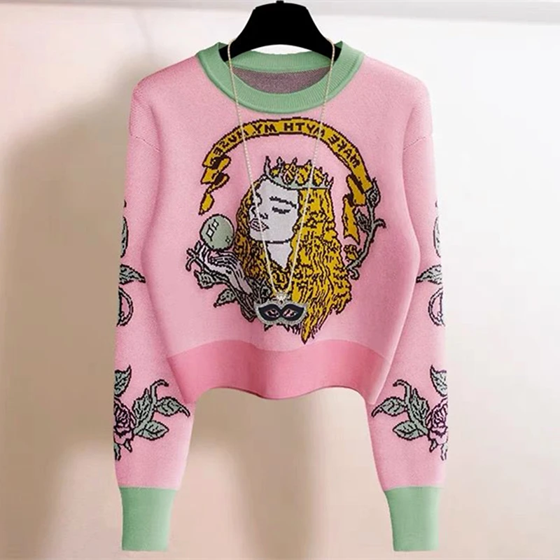 

France Elegant Retro Queen Flower Jacquard Short Sweater Women Girls Knitted Crop Tops Winter Clothes Y2K Jumper Kawaii Clothes