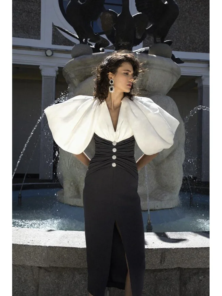 

Высококачественное женское яркое контрастное модное элегантное платье с длинными рукавами-фонариками