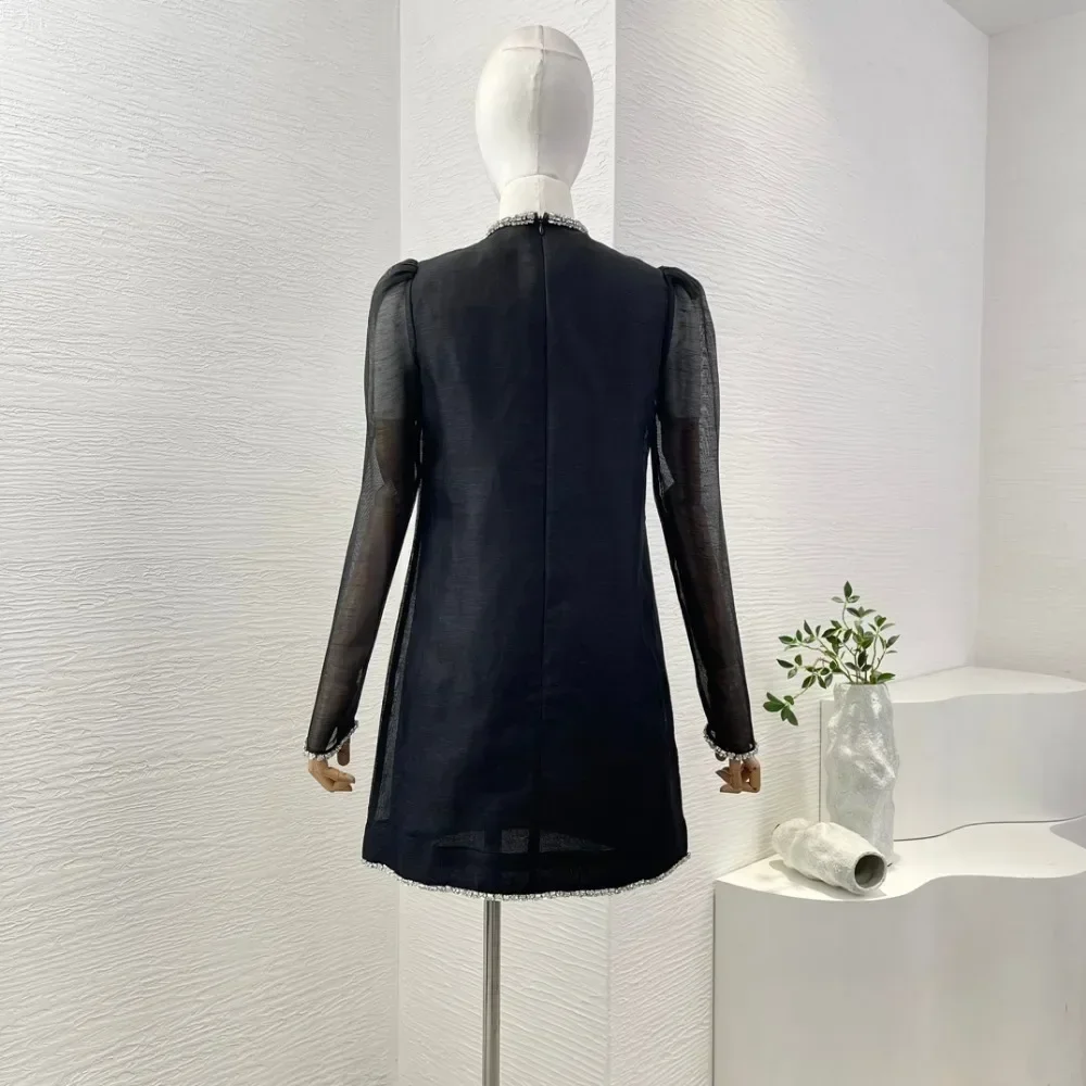 2024 Новое женское черное мини-платье с длинными рукавами и бриллиантами See Thourgh