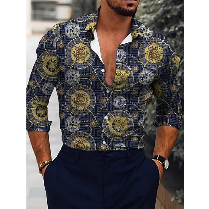 

Luxury Men Shirts Oversized Casual Shirt Totem Print Long Sleeve Tops Men's Clothing Prom Party Cardigan Blouses High Quality