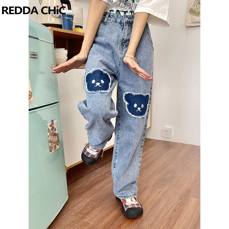 

REDDACHiC Cute Bear Baggy Jeans Korean Fashion Wide Pants for Women Streetwear High Rise Straight Fairycore Grunge Y2k Clothes