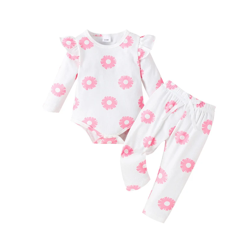 

Newborn Baby Girls Fall Winter Outfits Long Sleeve Ruffle Floral Print Sweatshirt Romper Pants 2PCS Infant Sets