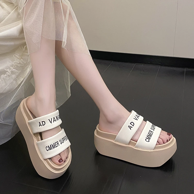 Summer 2023 Chunky Sandals Women's Thick Bottom Wedge Heels Slides 8CM High Heels Platform Leather Casual Beach Flip Flops Woman