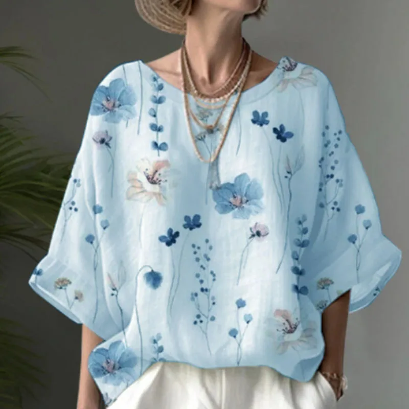 

2023 Casual Loose Floral Print Women Blouses Elegant O-neck 3/4 Sleeve Office Lady Shirt New Fashion Summer Beach Pullover Tops