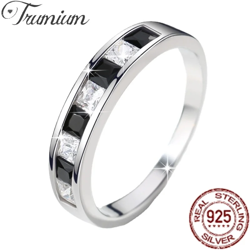 

Trumium Real S925 Sterling Silver Simple rings for women Square Black White Zircon Bridal Engagement Wedding Bands Free Engaving