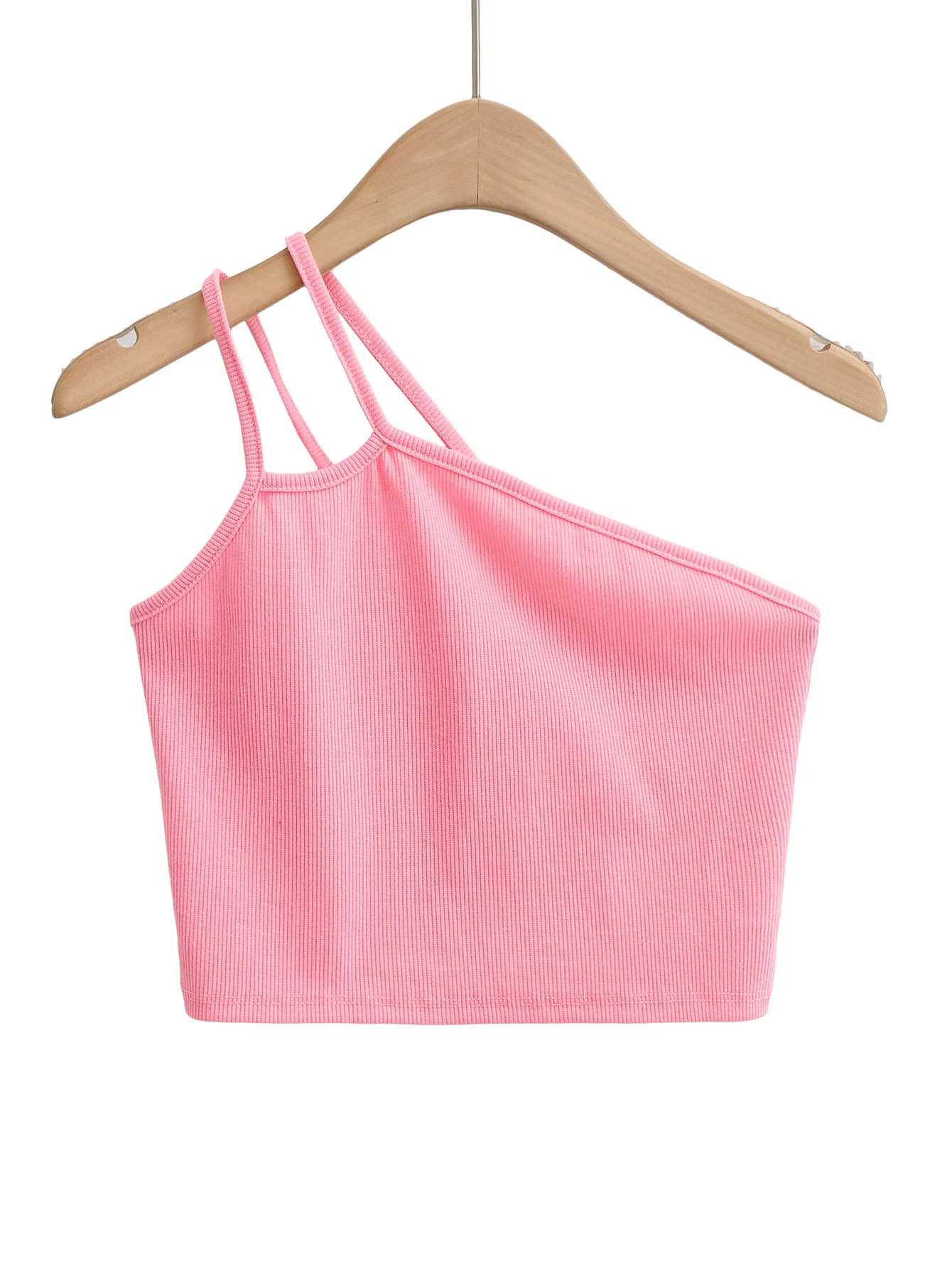 

UNUTH Girls Irregular One Shoulder Camisole 2022 Summer Fashion Ladies Sweet Pink Casual Female Knitted Solid Color Camis Top