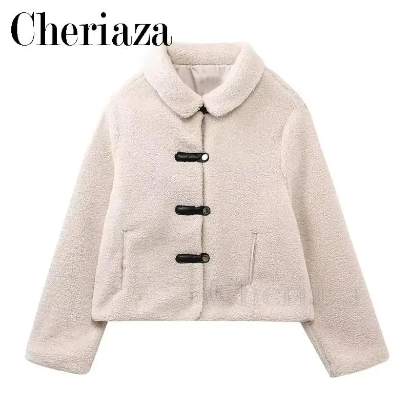 

Cheriaza 2023 Autumn Winter Women New Solid Color Fleece Short Loose Lapel Fashion Simplicity Pocket Jacket Chic Female Tops