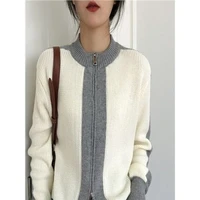 2022 spring new style contrast color knitted zipper cardigan jacket womens chic small top early spring top outer wear