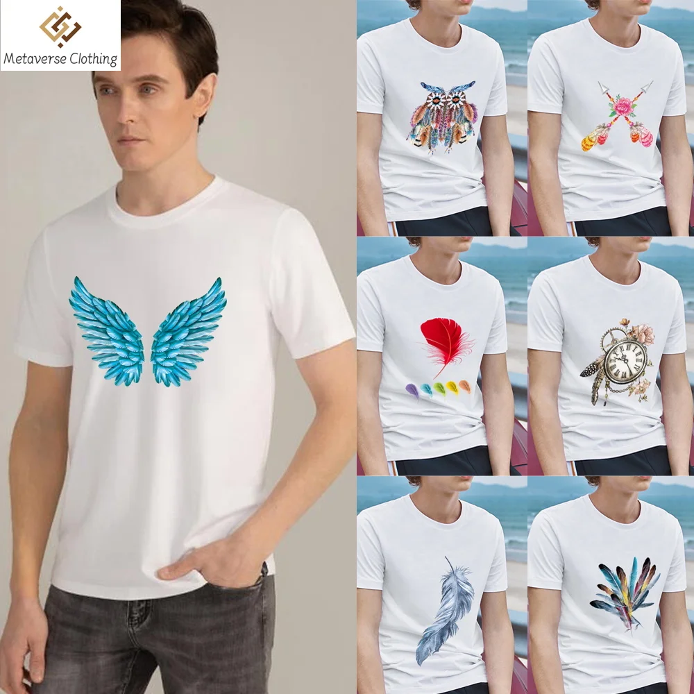 

Men's Slim Fit Shirt T-shirt Fashion Men's Classic White T-shirt Color Feather Print Series Printing Casual O-neck Commuter Soft