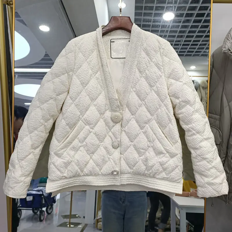 Women White Duck Down Jacket Autumn Winter Outwear Casual V-collar Coat Korean Style Down New 2023 Folds Down Coats Ladies M41