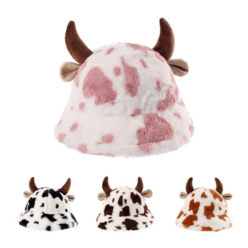 

Autumn Winter New Cow Pattern Cow Horn Fisherman Hat Korean Fashion Plush Thickened Warm Bucket Hat Women's Hat