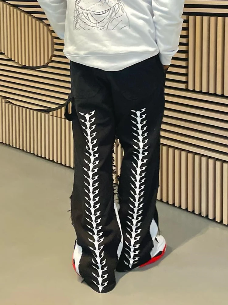 Men's Pants Punk Fashion Printed Loose Pantalones Hombre Patchwork Trousers Mid Waist Black Spliced Strap Straight Baggy Jeans