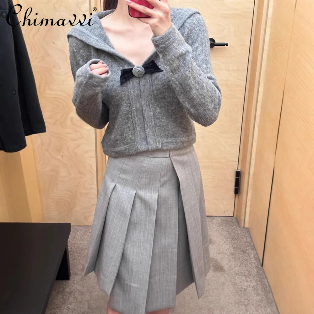 Модный темно-синий вязаный кардиган куртка на осень и зиму новая милая брошь с