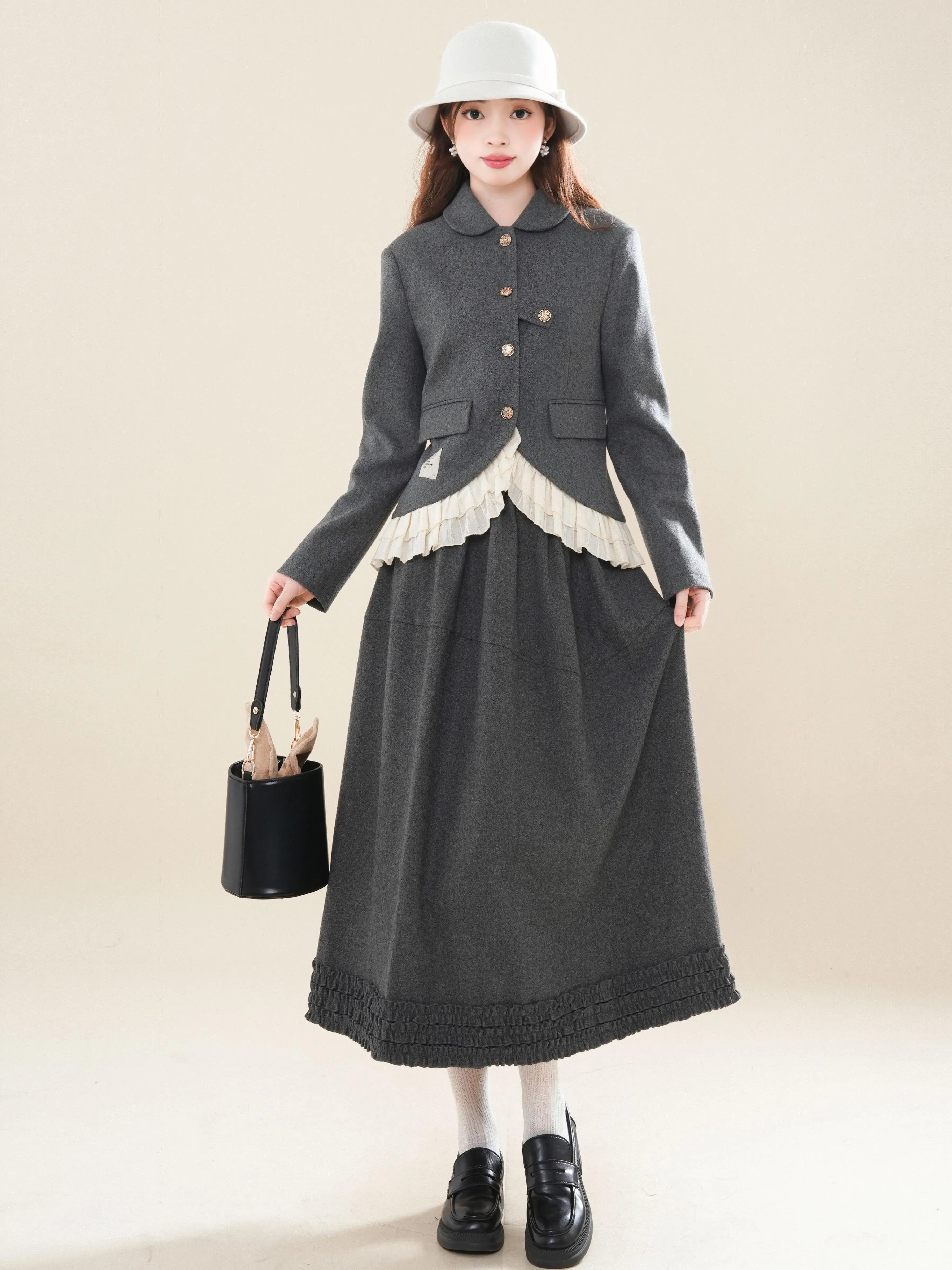 Cocoa Forest Water Moon-Free Japan fashion Yamamoto Sle Gray Patchwork Lotus Leaf Lace Outerwear Skirt sets Women Autumn