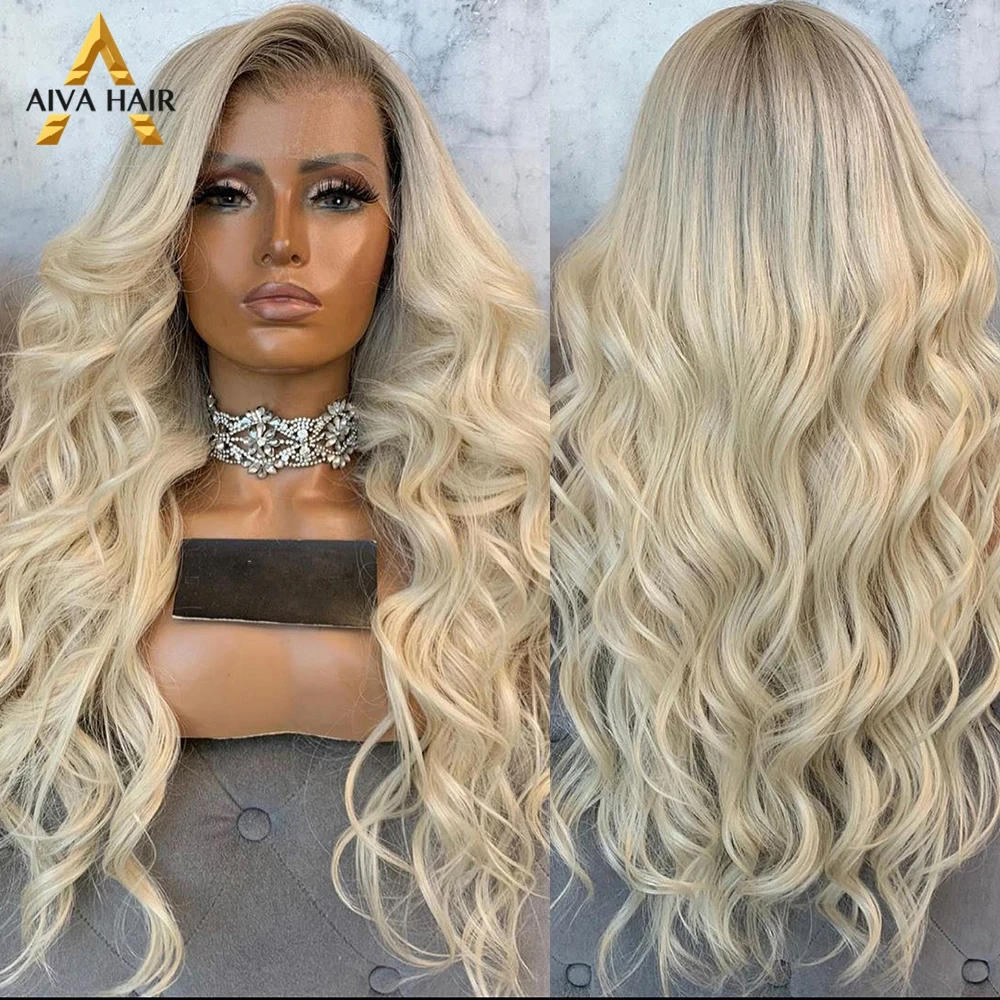 Aiva Platinum Blonde Synthetic Lace Front Wig Heat Resistant Long Wavy Synthetic Hair Lace Wig Drag Queen Wigs For Black Women
