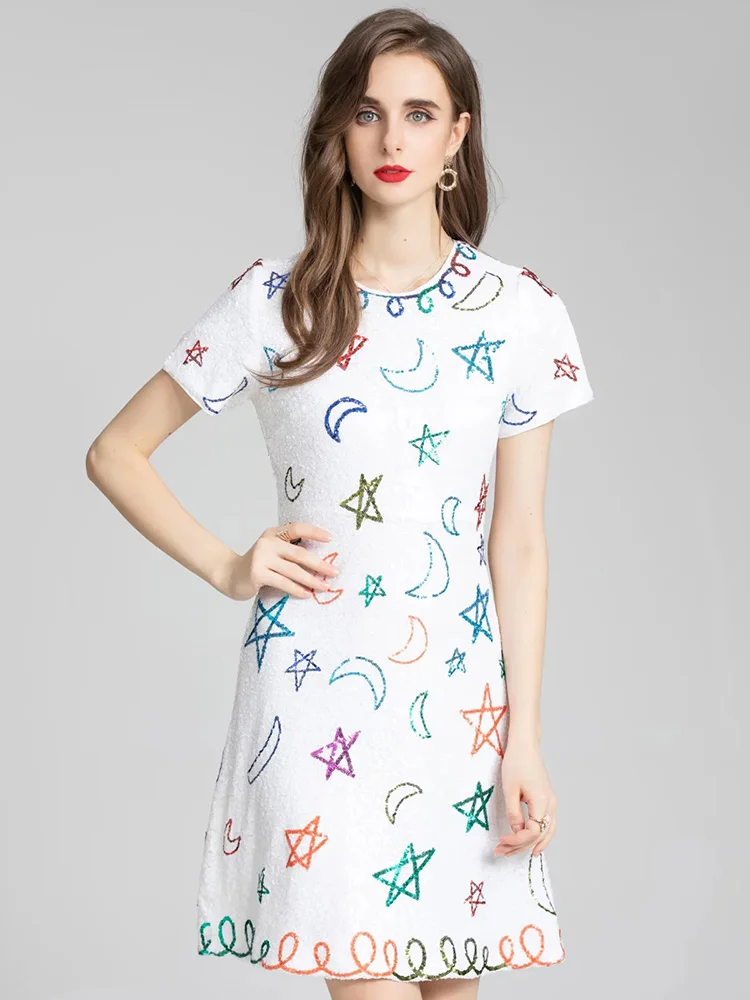 

MoaaYina, модное дизайнерское летнее элегантное мини-платье, женское короткое повседневное белое платье с коротким рукавом и блестящими звезда...