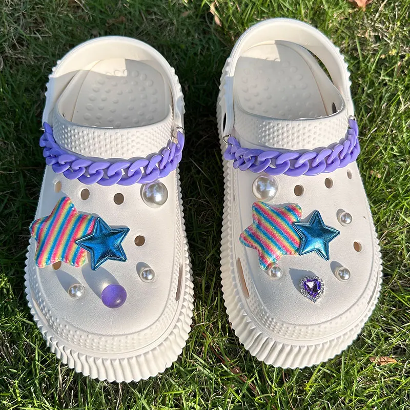 Y2K Stars Shoes Charms Purple Chunky Acrylic Chains Vintage Bling Heart Rhinestones Starry Sky Pearl Accessories Shoe Jewelry
