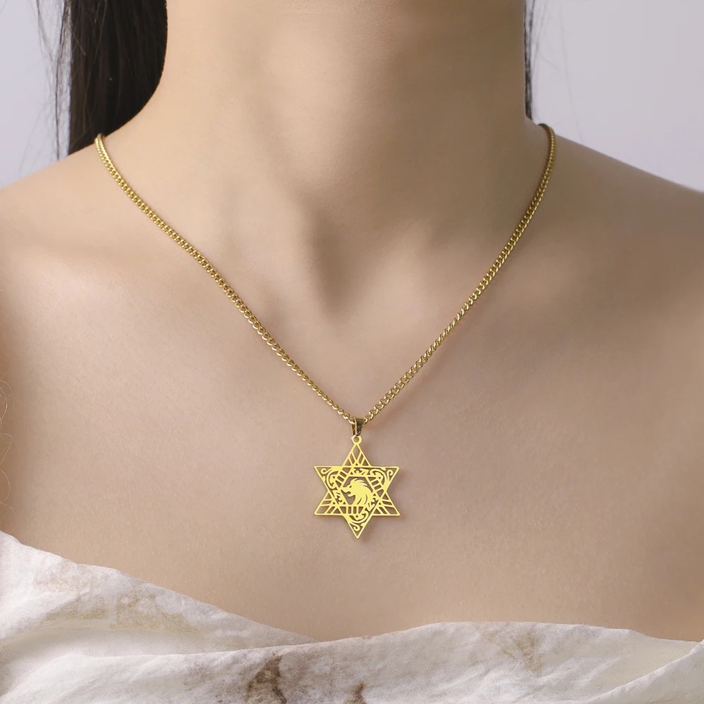 Фото Ожерелье с подвеской Dawapara Lion of Judah Magen Star of David, еврейская звезда, ожерелье с гексаграммой, защитный амулет из нержавеющей стали №2