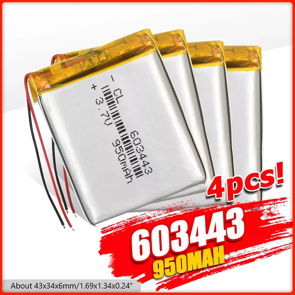 

1/2/4 3.7V 950mAh 603443 063443 Rechargeable Lithium Polymer Battery For MP4 MP5 PDA GPS DVD Navigation Bluetooth Speaker