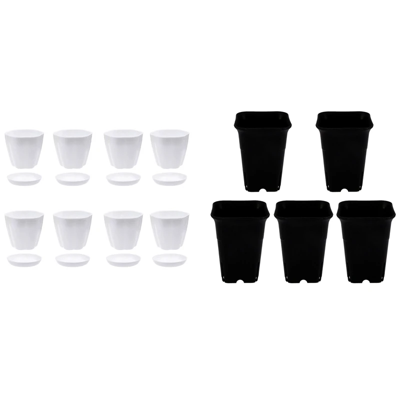 

5Pcs Black Square High Waist Mini Nursery Pot With 8Pcs 6.3Inch White Plastic Flower Plant Pots Seedlings Nursery Pot