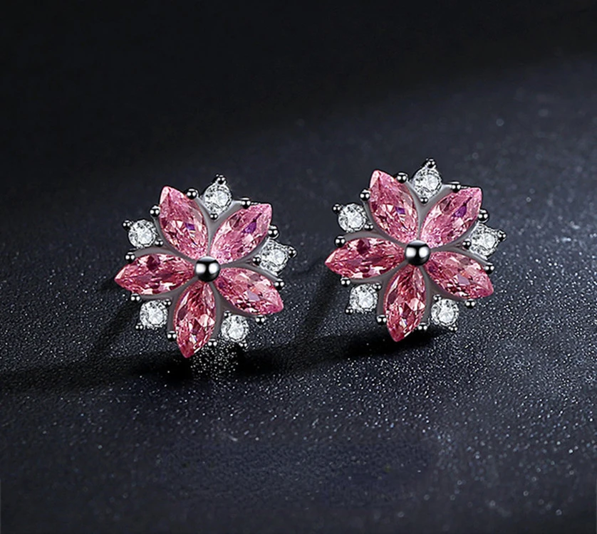 

2023 New Pink White Zircon Flower Earrings Korean Sweet Flowers Student Day Gift High Quality Shining Earrings Wholesale