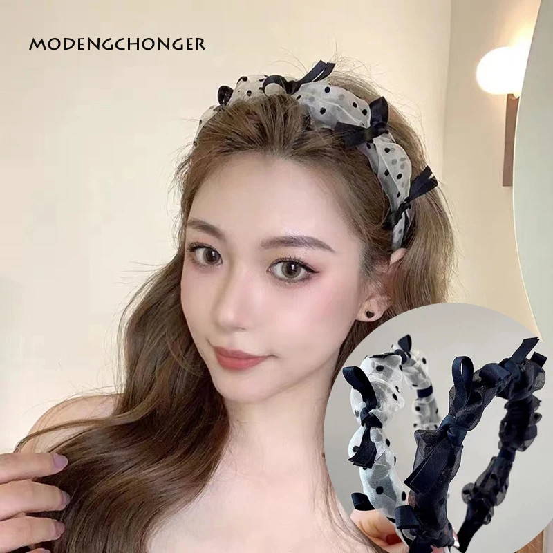 

Retro French Mesh Polka Dot Bow Headband Temperament Pressure Hair Bezel Women Lace Mesh With Diamond Hair Hoop Hair Accessories