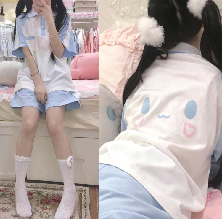 

Original Design Cute Girl Women White Puppy Head Chest Pockets Summer Sports Set White Short Sleeve T-Shirt & Sky Blue Shorts