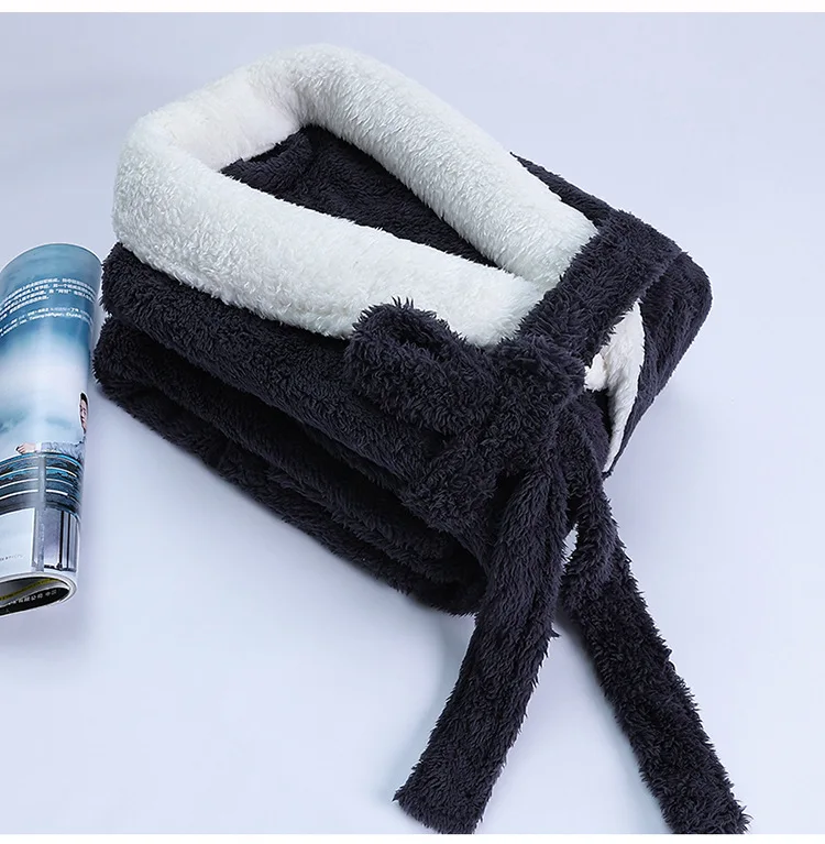 

Winter Thickened Coral Fleece Robe Nightgown Coupe Warm Flannel Bathrobe Gown Sleepwear with Pockets and Belt Loose Home Wear