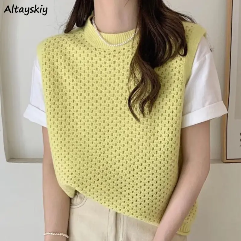 

Sweater Vests Women Hollow Out Spring Vintage Korean All-match Solid O-neck Streetwear Knitted Loose Fashion Simple Female Chic