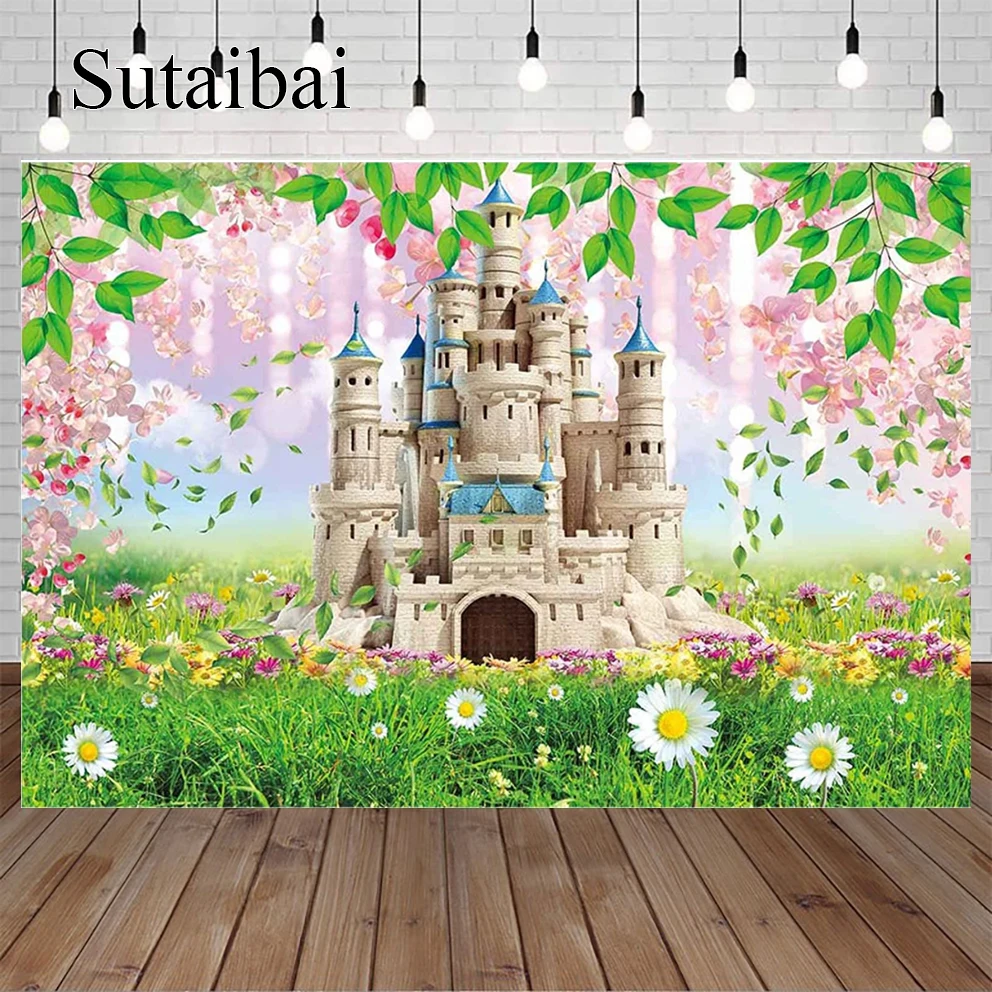 

Spring Castle Backdrop Flower Green Grass Natural Scenery Background Princess Baby Shower Birthday Party Supplies Banner