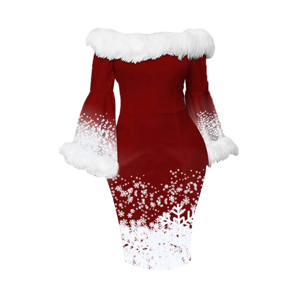 

Women's Christmas Dress Autumn Winter Evening Party Dress Fashion Temperament Long Sleeved Slash Neck Wrap Hip Dress Elegant