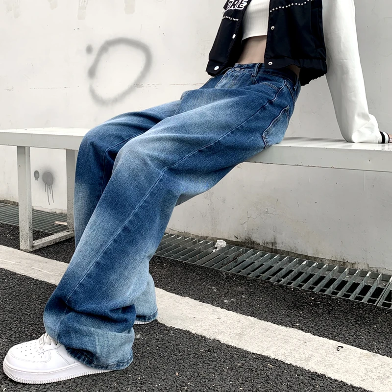 Gradient Tie Dye Wide Leg Jeans for Teenage Girls Fashion Trends Streetwear Bottoms Womens Distressed Denim Pants Casual Clothes