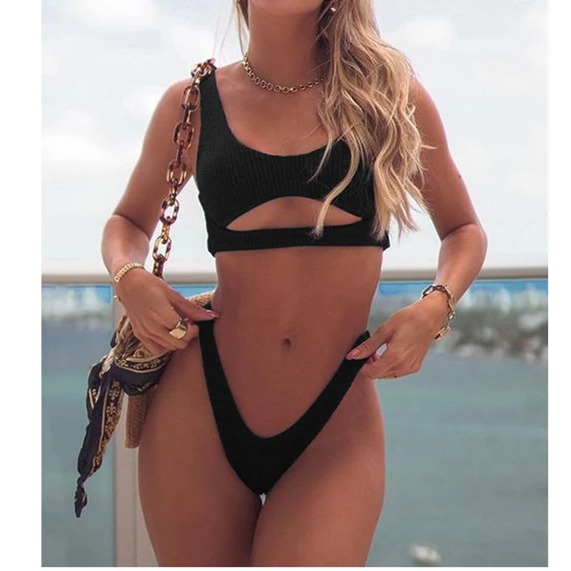 

Rib Two Piece Bikinis Set Swimsuit Lady Size Micro Colales Trikini Swim Suits Women Push Up Bra Chubby Swimwear Casual Set Women