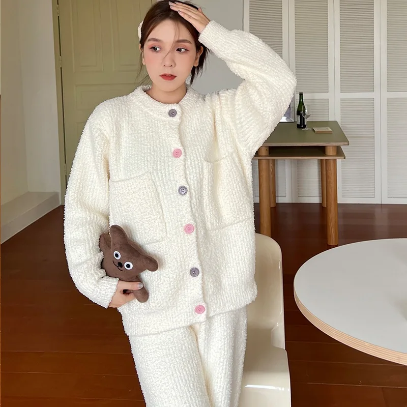 Winter 2 Pieces Set Pajamas Set Female Loungewear Flannel Sleepwear High-End Feather Yarn Nighty Suit Lady Cute House Clothes