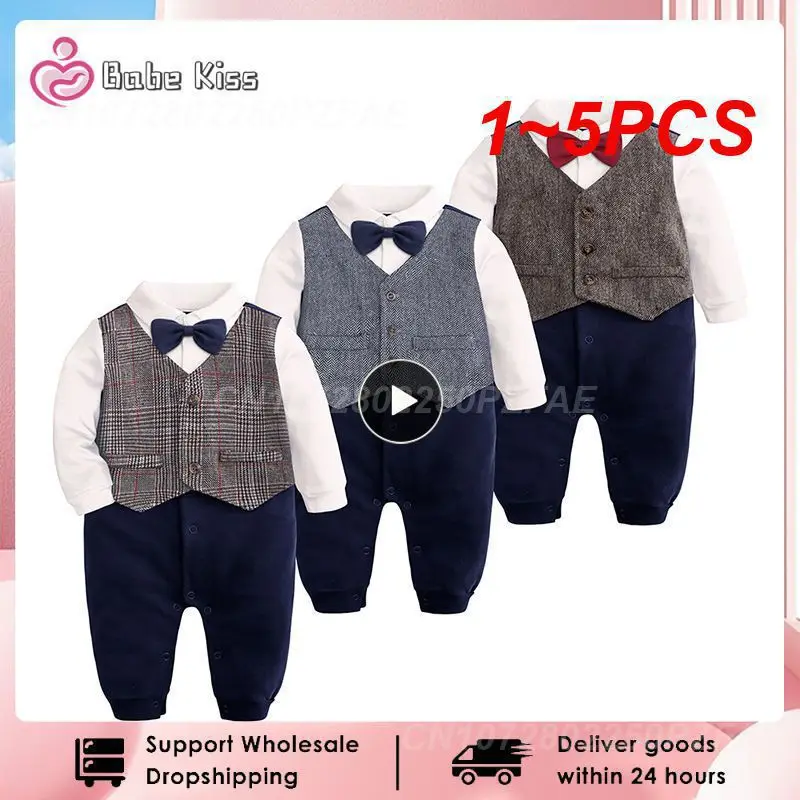 

1~5PCS Fashion Newborn Baby Boys Gentleman Formal Suit Romper Long Sleeve Jumpsuit Bow Tie Tuxedo Outfit Clothes for 0-24M Bebes