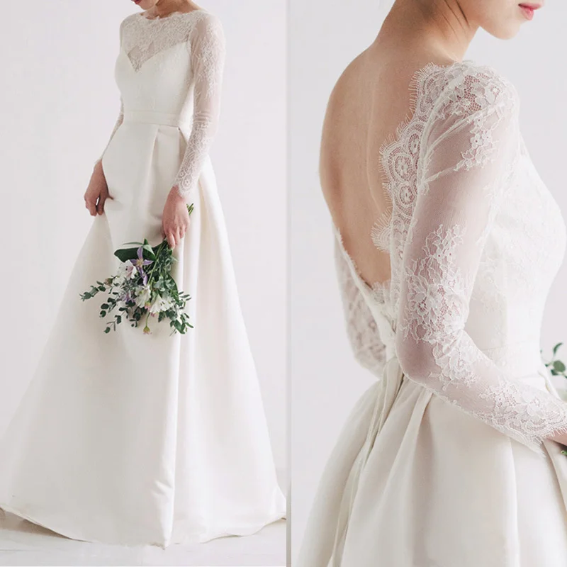 

Spring new long sleeved Lace Satin Wedding Dress Evening Dress simple Travel Photo Light wedding dress