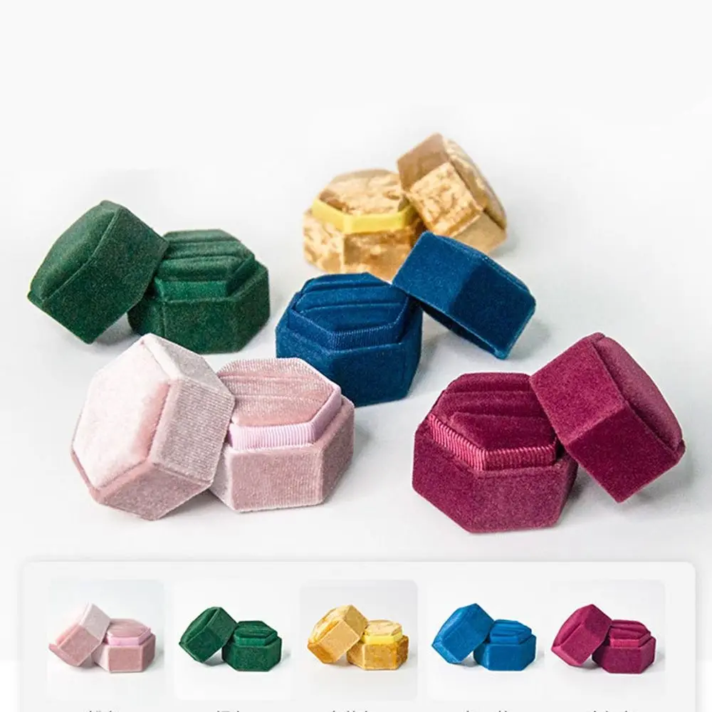 

Hexagon Square Shape Velvet Jewelry Box Double Ring Storage Box Wedding Ring Display For Women Gift Earrings Packaging