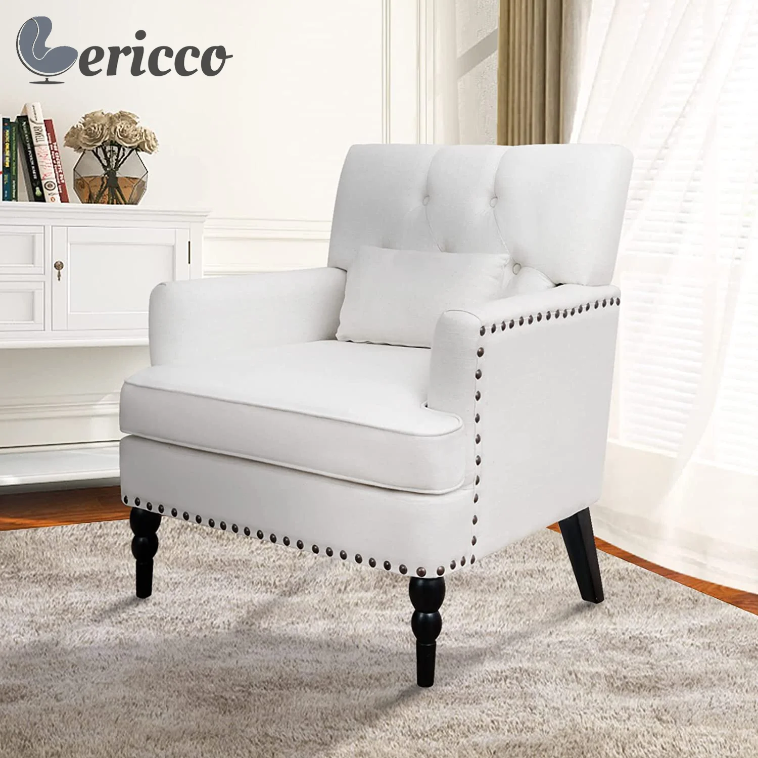 

GERICCO Accent Chair Comfy Club Chair with Pillow Modern Button Tufted Rivet Armchair Nordic Chairs for Living Room Bedroom