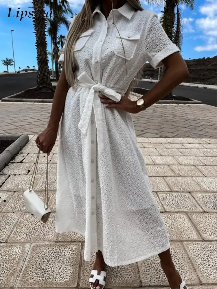 

Fashion Casual Short Sleeve Long Beach Dress Women Elegant White Party Dress Sexy Hollow Out Embroidery Lady Shirt Dress Vestido