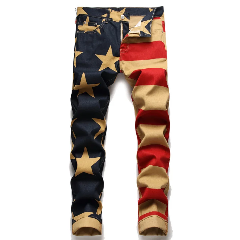 

High Quality Brands Five-Point Star Print Jeans Men Clothes Elasticity Slim Straight Trousers Classic Denim Casual Pants Male