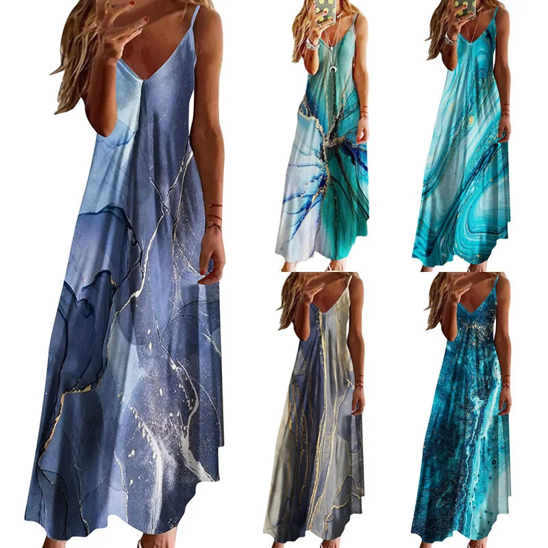 

2023 Summer Oversized Dersses Women's Sleeveless A Version Long Dress Cross Border V-neck Positioning Flower Loose Strap Skirt