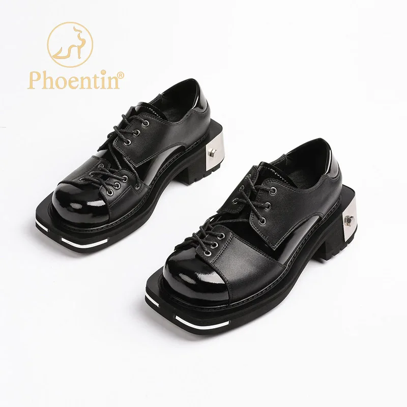 

Женские туфли-лодочки Phoentin с круглым носком, на шнуровке, на массивном металлическом каблуке, черные туфли в стиле панк, размер 43, ретро Y2K, кр...