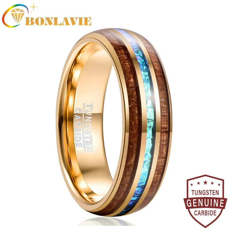 

BONLAVIE Hawaiian Koa Wood Ring 6MM Engagement Men Gift Electroplated Inlaid Acacia Imitation Opal Dome Tungsten Carbide Ring